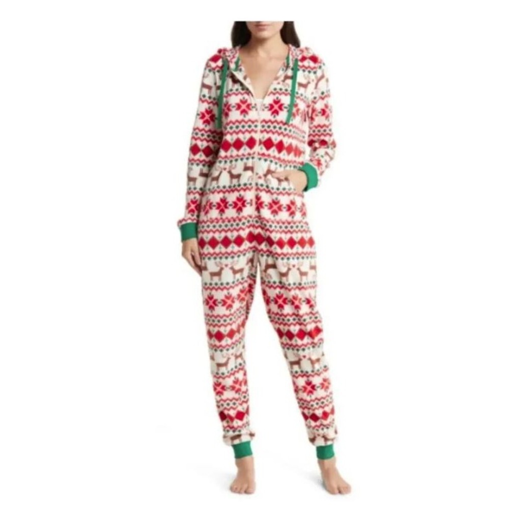 Nordstrom Unisex Fleece Hooded Jumpsuit Pajamas Ivory Egret Fairisle Dream Large